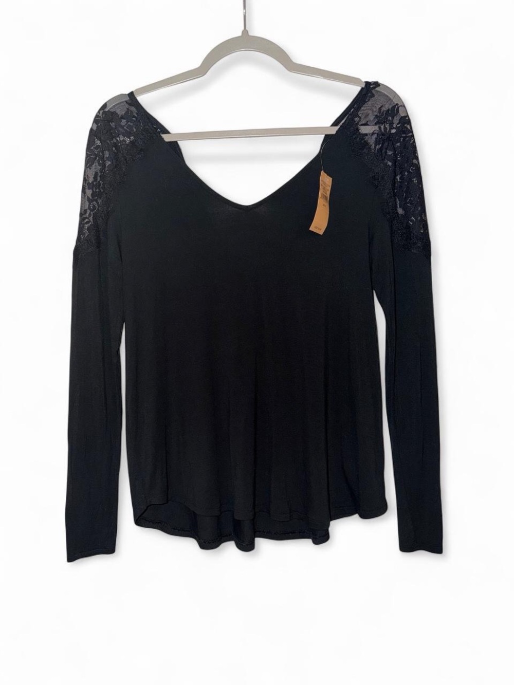 American Eagle Outfitters Black Long Sleeve V-Neck Top with Lace Shoulders